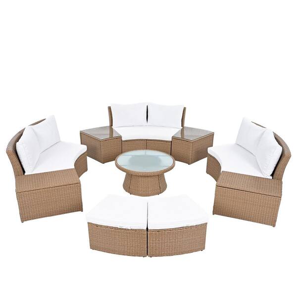 10-Piece Wicker Free Combination Half Round Outdoor Sectional Conversation Set with White Cushions