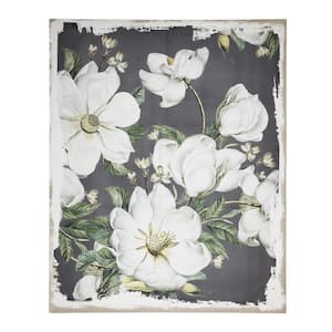 White, Gray and Green Floral Magnolia Blossoms Wooden Wall Art Print