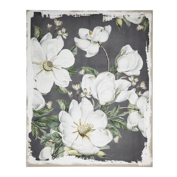 Benjara White, Gray and Green Floral Magnolia Blossoms Wooden Wall Art Print