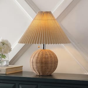 Aksel 17.25 in. Scandinavian Rattan/Iron Sphere LED TableLamp with Pleated Shade and PullChain Natural/Chrome/Dark Beige