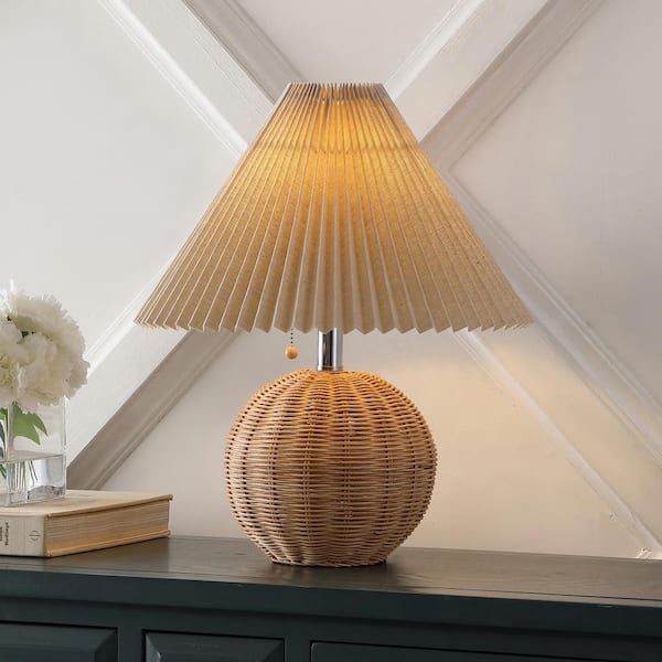 JONATHAN Y Aksel 17.25 in. Scandinavian Rattan/Iron Sphere LED TableLamp with Pleated Shade and PullChain Natural/Chrome/Dark Beige