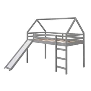 Twin Size Loft Bed with Slide, House Bed with Slide - Gray