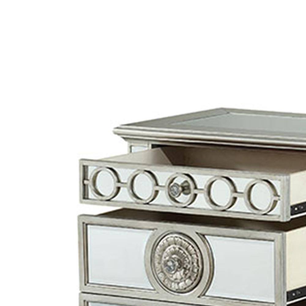 Elegant Silver Mirrored 2-Drawer Nightstand with Geometric Trim