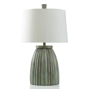 30 in. Washed Sage Green, Gold Table Lamp with White Linen Shade