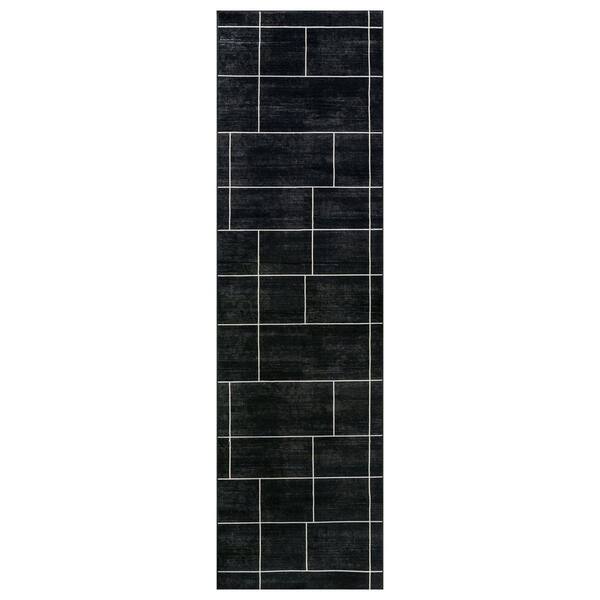 Windowpane Grid Black Machine Washable Non-Slip Backing Area Rug 2' x 10' Black