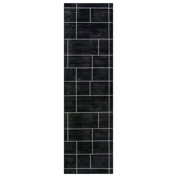 Windowpane Grid Black Machine Washable Non-Slip Backing Area Rug 2' x 12' Black