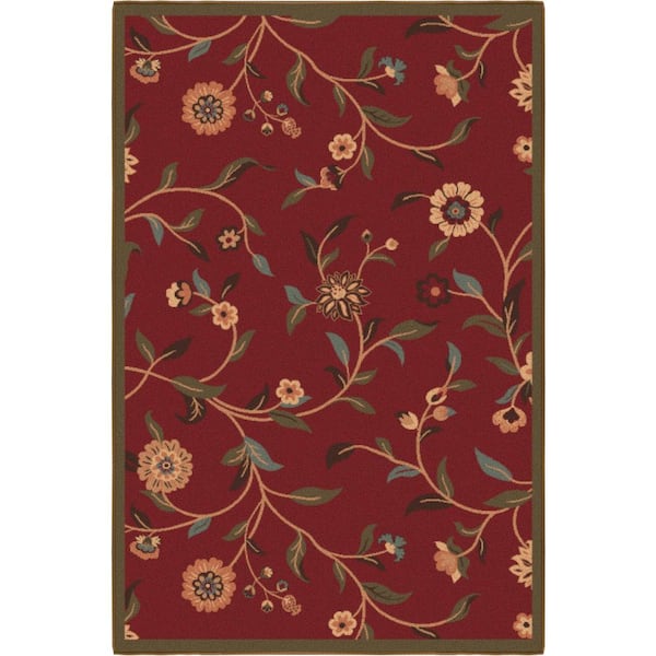 Ottohome Collection Non-Slip Rubberback Floral Leaves 3 x 5 Indoor Area Rug, 2 ft. 7 in. x 5 ft., Dark Red