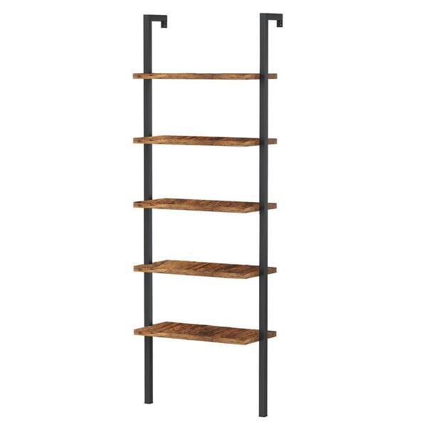 mieres 21 Saviq 70.8 in. Black/Rustic Brown Metal Frame 5 Shelf Wall Mount Ladder Bookcase