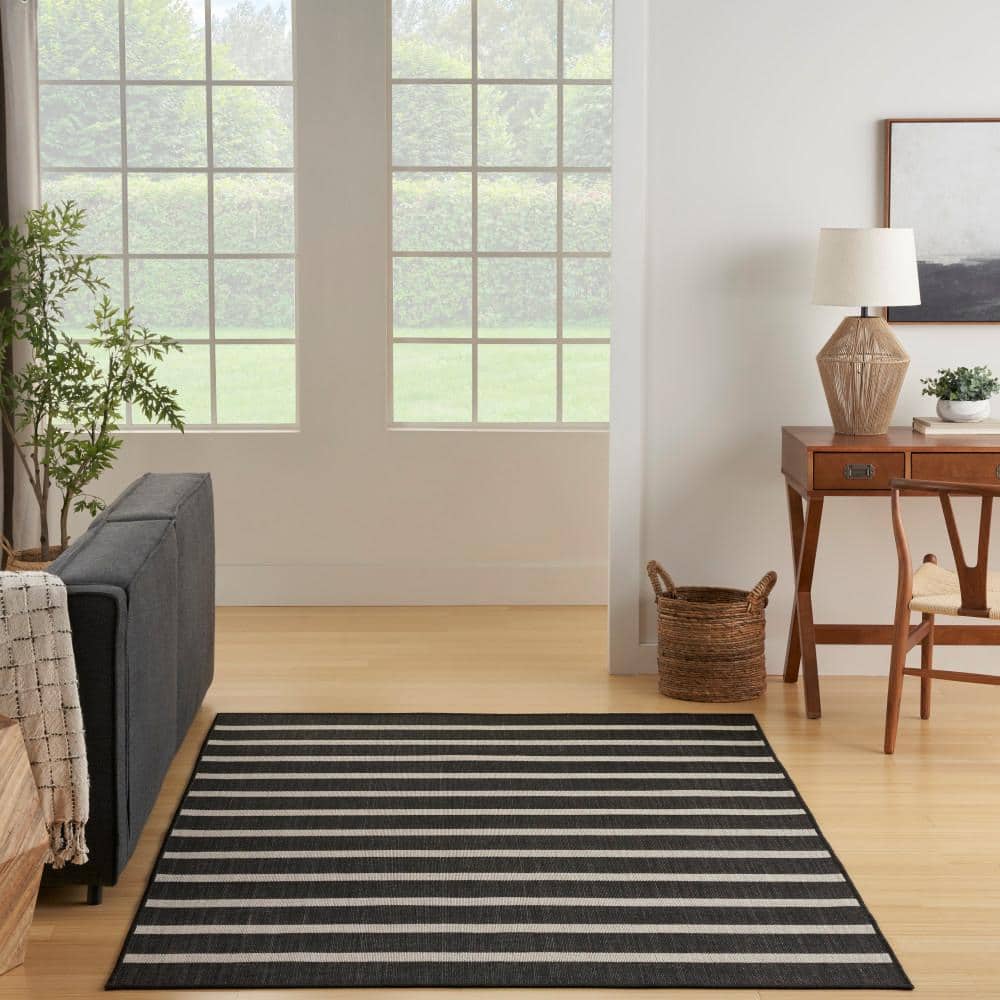 Positano Black Ivory 6' x 9' Flat Woven Stripe Rug