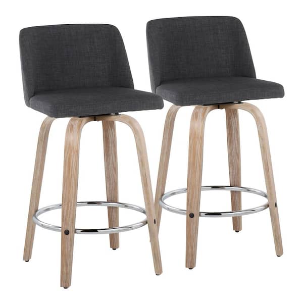 Lumisource Toriano 25.5 in. Charcoal Fabric, White Washed Wood and Chrome Metal Fixed-Height Counter Stool (Set of 2)