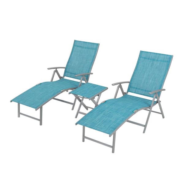 Crestlive Products 3-Piece Metal Outdoor Chaise Lounge with Side Table in Blue