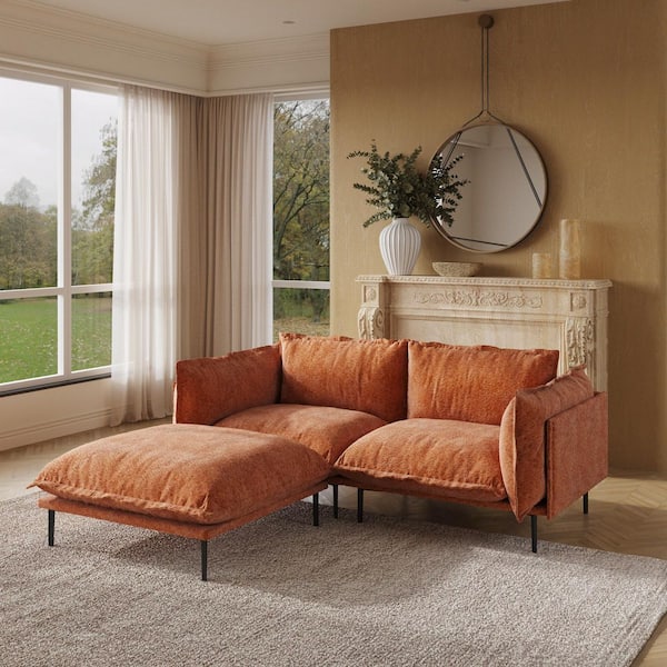 74.8 in. Square Arm 3-Piece Cloud Velvet Modular Oversized Sectional Sofa with Ottoman, Down Feather Cushion in. Orange