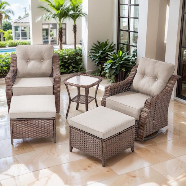 Artisan Brown 5-Piece Wicker Swivel Rocker Patio Conversation Set with 6 in. Thick Beige Cushions for Balcony