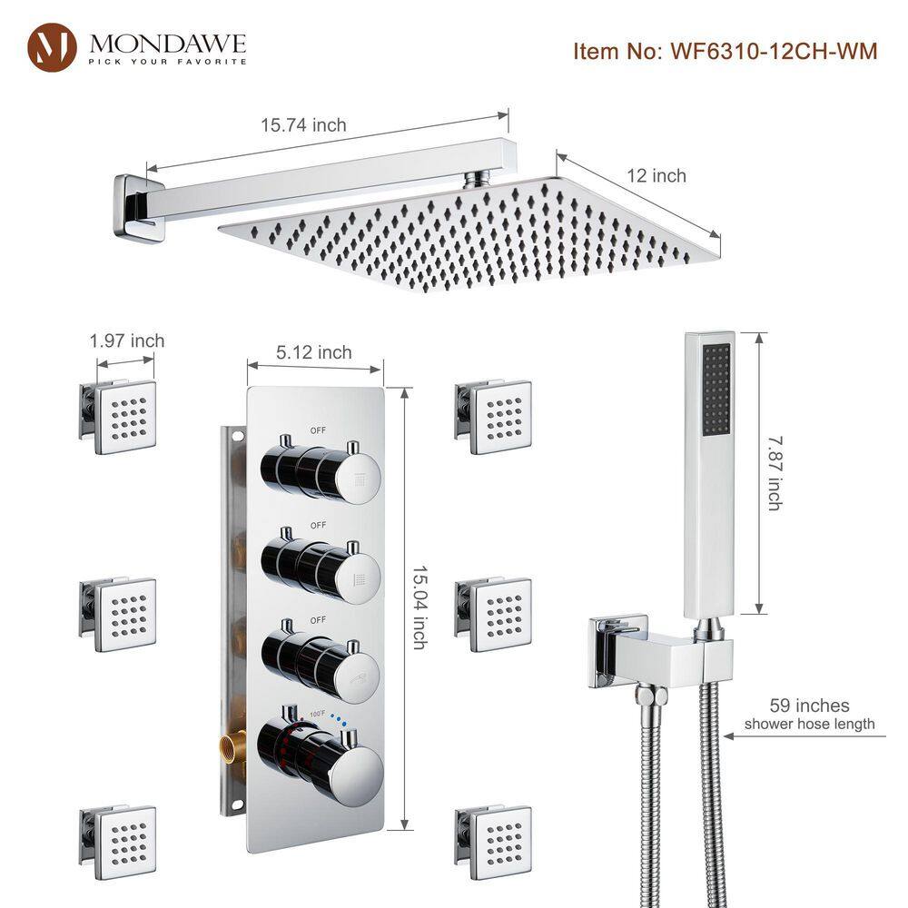 12 Inch Chrome LED Wall Mounted Rain Shower System with Handheld and Body Jets