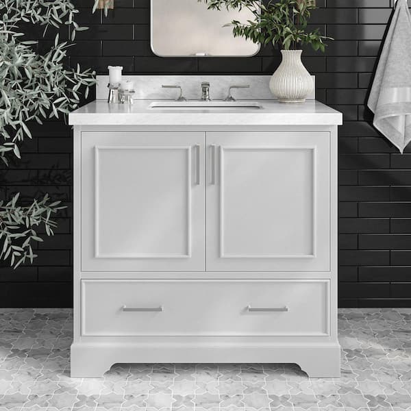 ARIEL Stafford 36 in. W x 22 in. D x 36 in. H Single Sink Freestanding Bath Vanity in Grey with Carrara White Marble Top