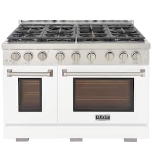 Professional 48 in. 6.7 cu. ft. Double Oven Gas Range 7 Burners Freestanding Natural Gas Range in White