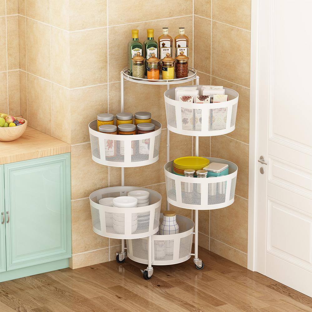 Portable Metal White Rotatable Kitchen Cart 210618YH014 The Home Depot