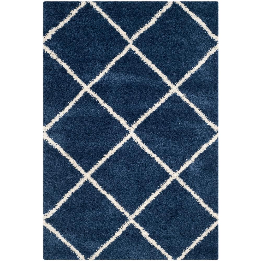 Navy and Ivory Diamond Shag Synthetic Area Rug 5'3" x 7'6"