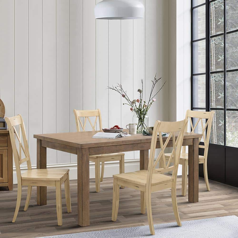 Beige Pinewood Cross Back Dining Side Chair Set