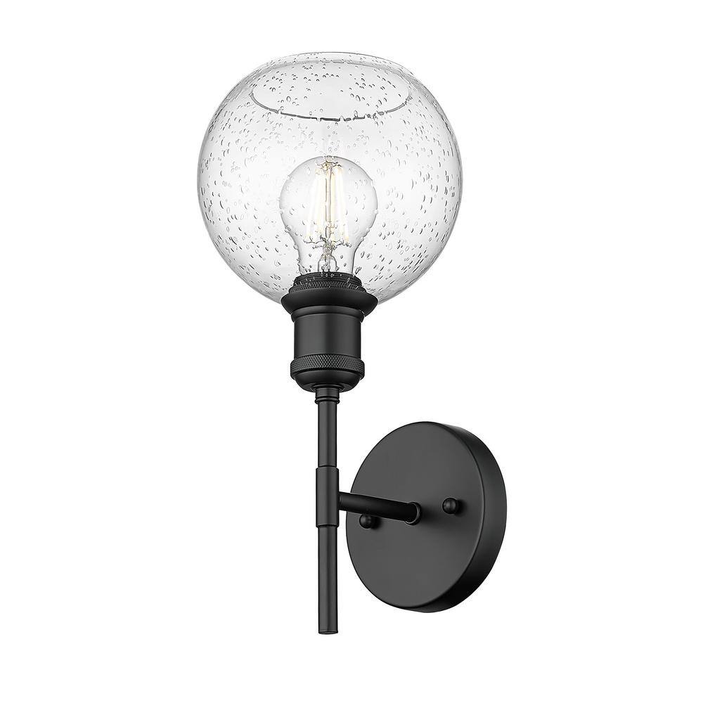Matte Black Steel Wall Sconce with Seeded Glass Globe