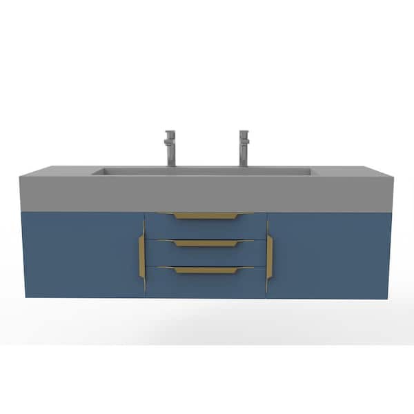 castellousa Nile 60 in. W x 19 in. D x 20 in. H Bath Vanity in Matte Blue with Gold Trim and Gray Solid Surface Top