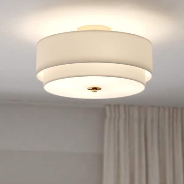 Burnaby 16 in. W Matte Brass Mid-Century Modern Semi Flush Mount Ceiling Light White Linen Drum Shade