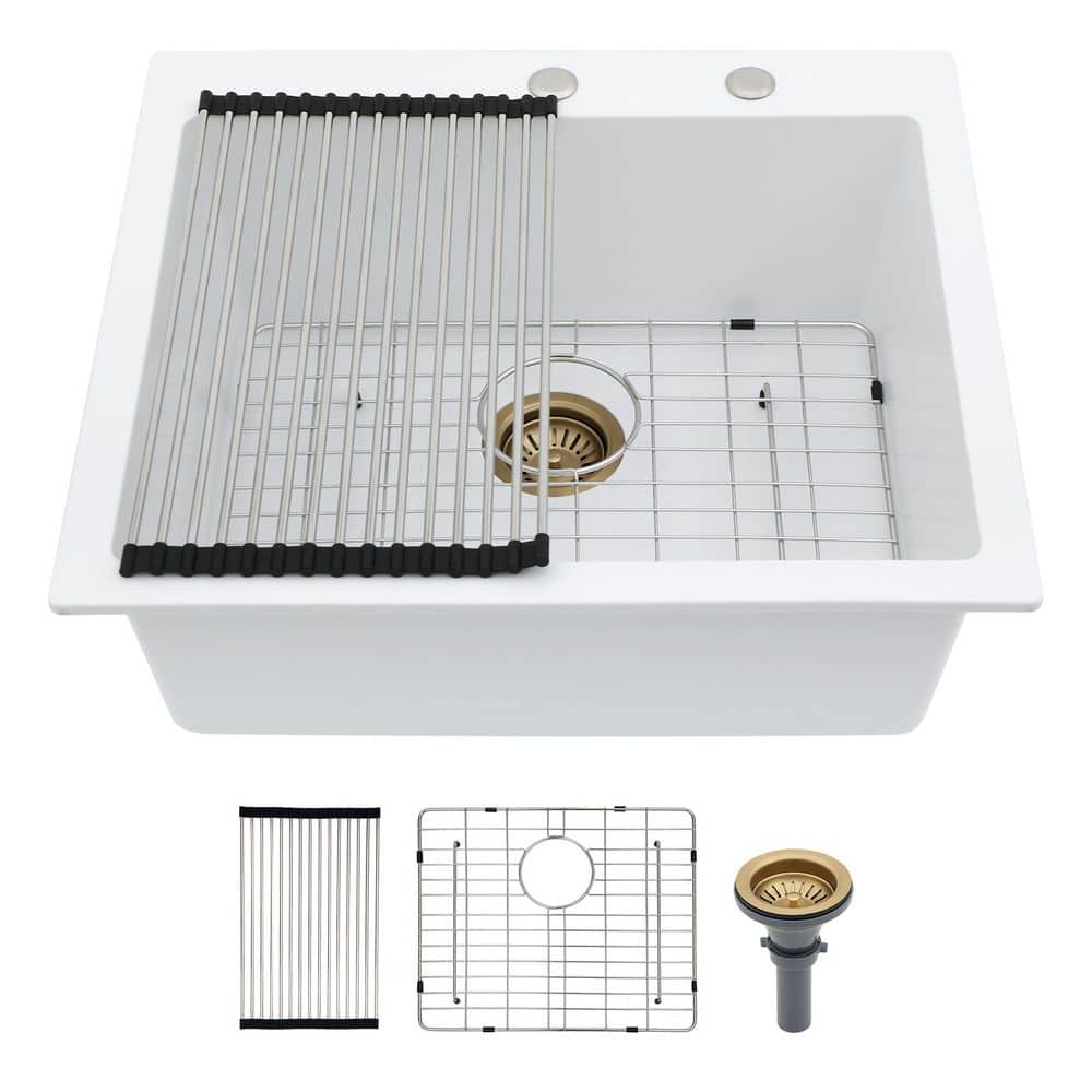 25 in. Drop-In Single Bowl Quartz Kitchen Sink in White with Bottom Grids price history on PriceWatchPro