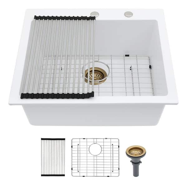 25 in. Drop-In Single Bowl Quartz Kitchen Sink in White with Bottom Grids