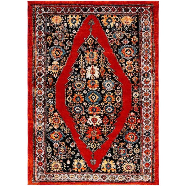 Vintage Hamadan 3 ft. x 5 ft. Red/Black Geometric Medallion Area Rug