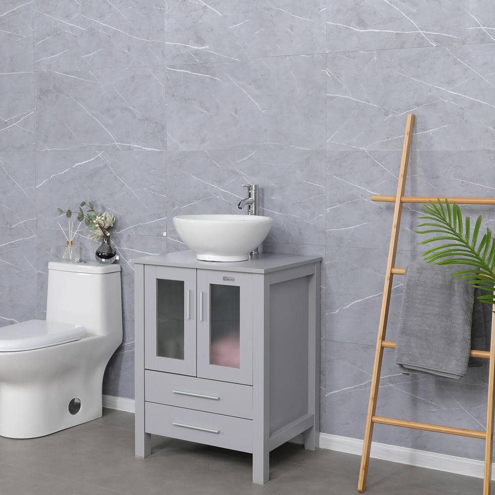 Gray MDF Single Sink Bath Vanity with White Ceramic Top and Chrome Faucet