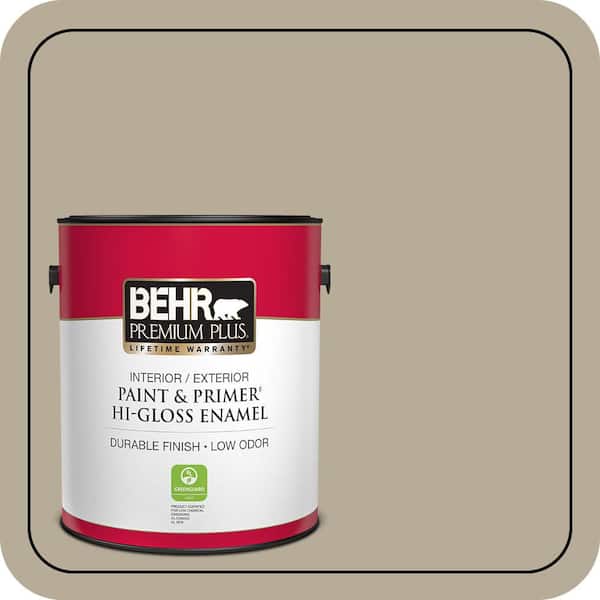 BEHR PREMIUM PLUS 1 gal. #N310-4 Desert Khaki Hi-Gloss Enamel Interior/Exterior Paint & Primer