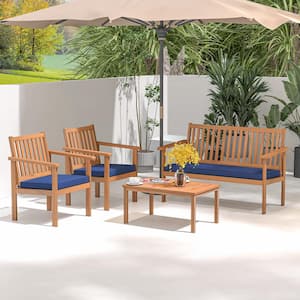 4-Piece Acacia Wood Patio Conversation Set with Navy Cushions