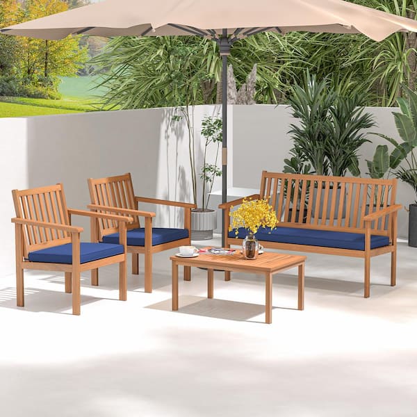 Liviza 4-Piece Acacia Wood Patio Conversation Set with Navy Cushions