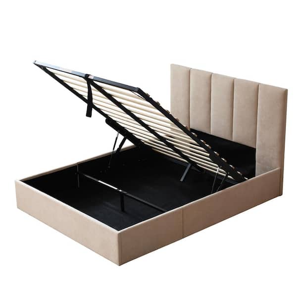 Ahokua Beige Plywood Frame Full Velvet Upholstered Platform Bed with Lifting Storage