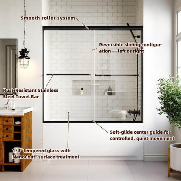 60 in. W x 58 in. H Double Sliding Semi-Frameless Bathtub Door in Matte Black Finish with 1/4 in. (6mm) Clear Glass