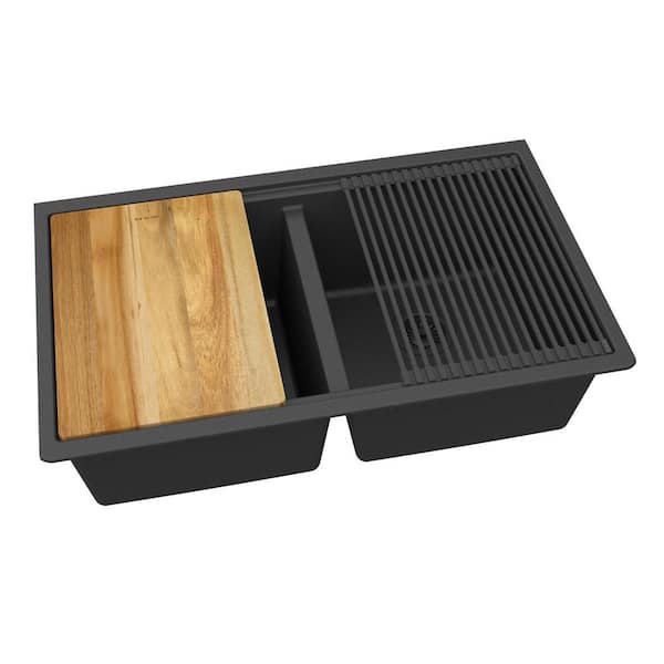 Elkay Quartz Classic 33 in. x 22 in. x 9-1/2 in. Equal Double Bowl Undermount Workstation Sink 4-Pieces Kit Matte Black