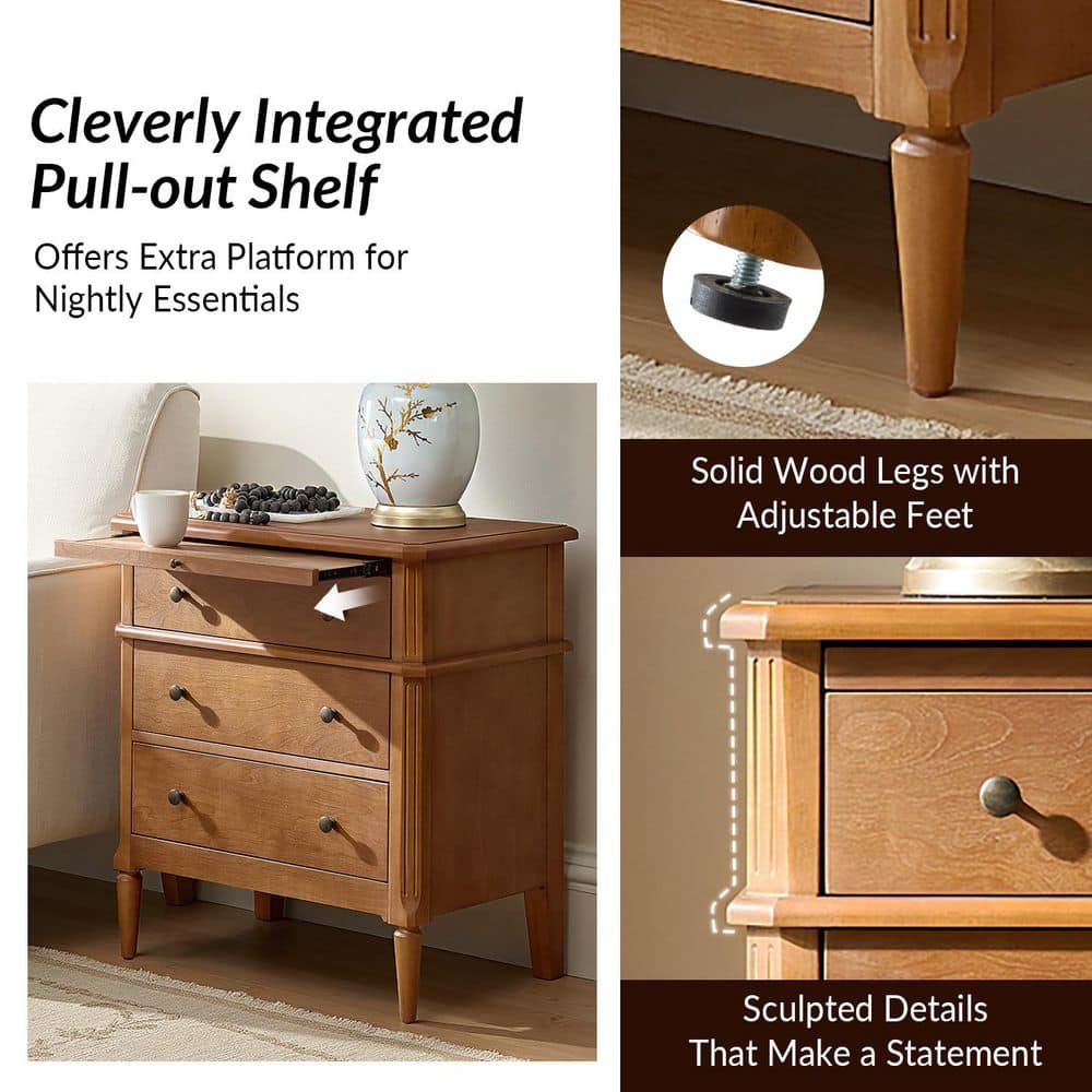 Fabien Teak 3-Drawer 28 in. W Nightstand with Solid Wood Legs (Set of 2) - thumbnail 5