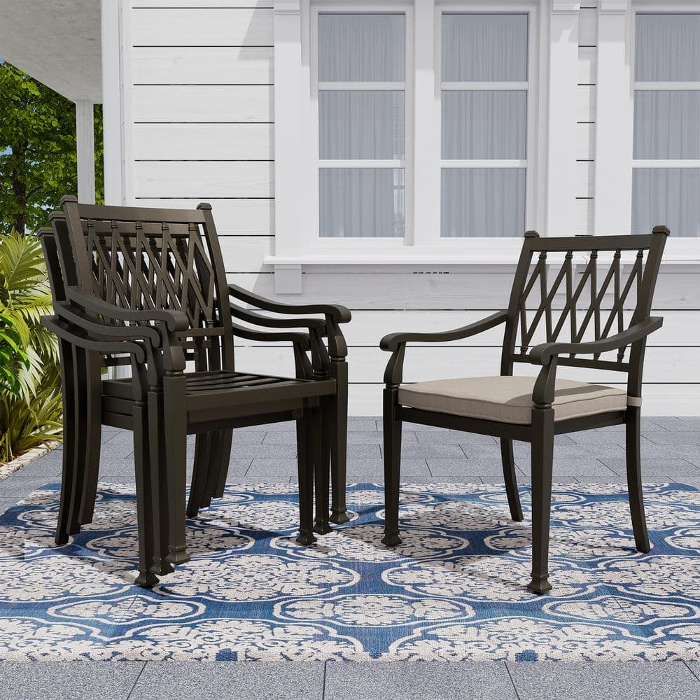 Beige Cushioned Cast Aluminum Outdoor Dining Chairs, Set of 4