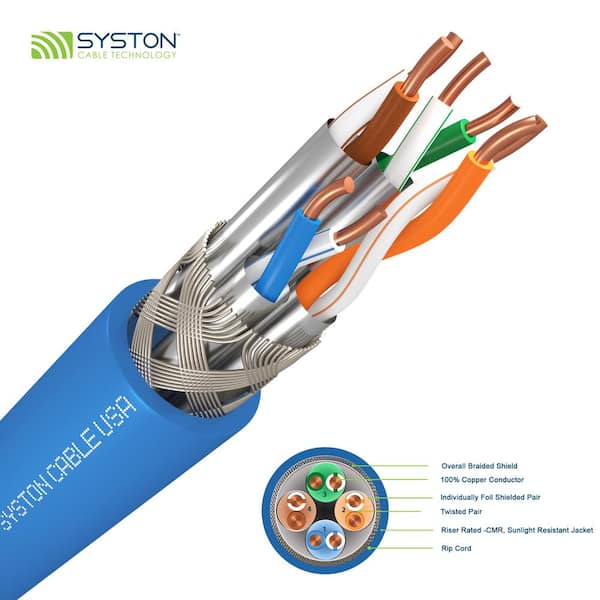 Syston Cable Technology 100 ft. SySPEED Premium Cat 8 Plus S/FTP 22AWG 4-Pair Solid Copper Bulk Ethernet Cable Blue