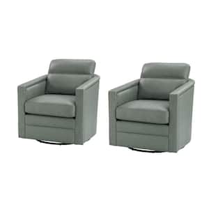 Elvira 28.74'' Wide Sage Genuine Leather Swivel Chair with Squared Arms Set of 2