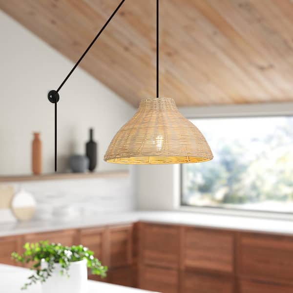 SUNLLOK Industrial 11.8 in. 1-Light Kitchen Island Bamboo Shade Plug in Pendant Light with 2 Bases and Switch, E26 Base