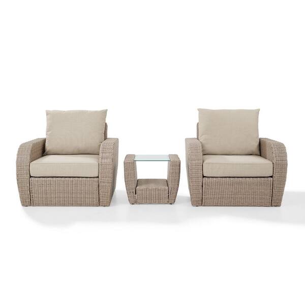 Crosley St Augustine 3-Piece Wicker Patio Outdoor Seating Set with Oatmeal Cushion - 2-Chairs, Side Table