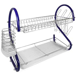 16 in. 2-Tier Blue Chrome Plated Standing Dish Rack
