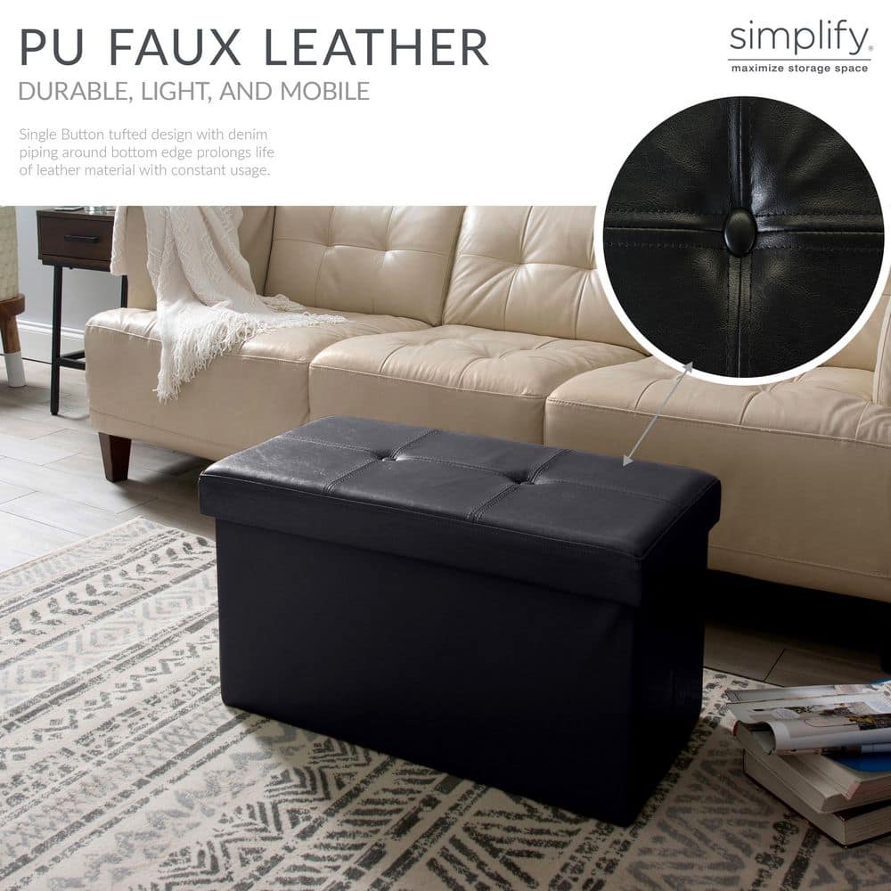 Black Faux Leather Collapsible Storage Ottoman with Tufted Top