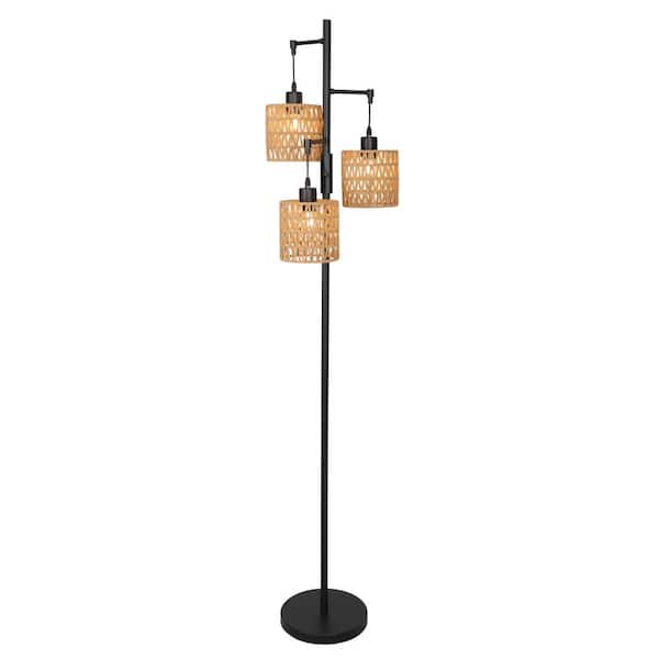 65.03 in. Brown Boho Rattan Dimmable Tree Standing Floor Lamps with 3 LED Edison Bulbs