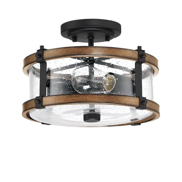 PUDO 1-Light Vintage Black Brown Farmhouse Rustic Chandelier with Clear Seeded Glass Shade