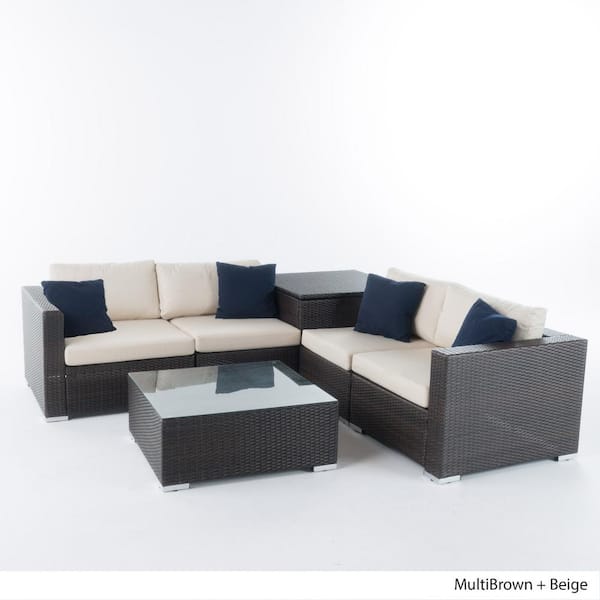 Noble House Dominique 6-Piece Wicker Outdoor Sectional Set with Beige Cushions and Includes Storage