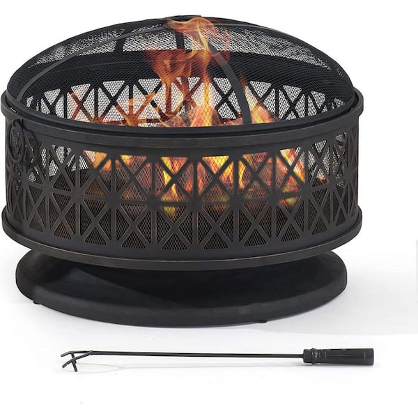 Sunjoy Parker 30 in. Patio Black Round Wood Burning Steel Firepit for Outside with Spark Screen and Fire Poker