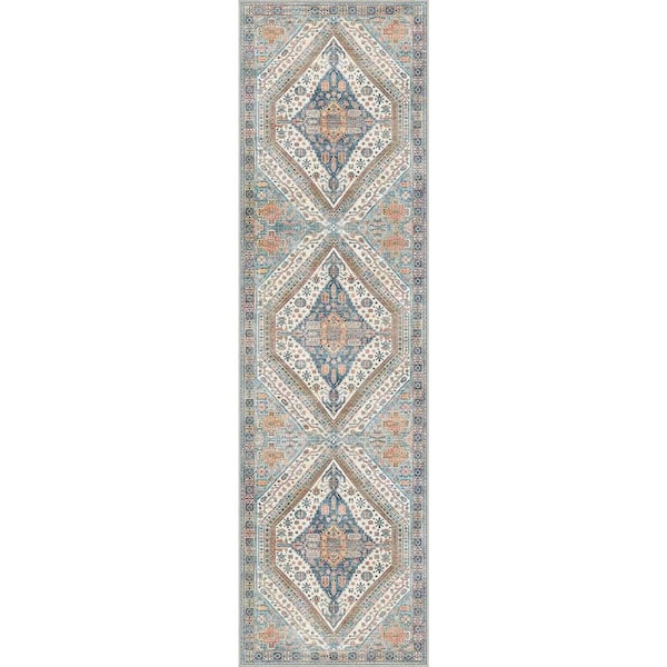 Soraya Medallion Blue/Orange 2 ft. x 7 ft. Living Room/Bedroom/Dining Room Area Rug