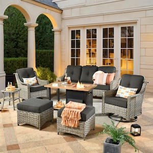 Denver 7-Piece Wicker Outdoor Patio Conversation Sofa Set with Swivel Chairs, a Storage Fire Pit and Black Cushions